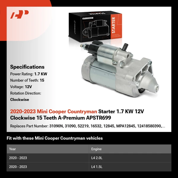 2020-2023 Mini Cooper Countryman Starter 1.7 KW 12V Clockwise 15 Teeth A-Premium APSTR699