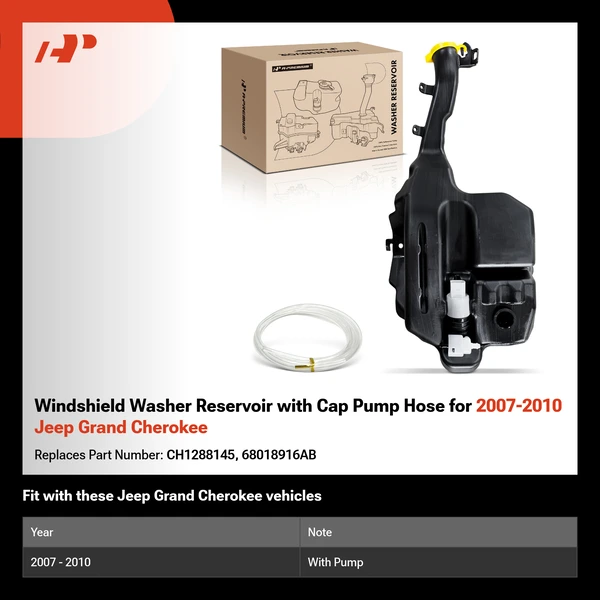 Windshield Washer Reservoir with Cap Pump Hose for 2007-2010 Jeep Grand Cherokee