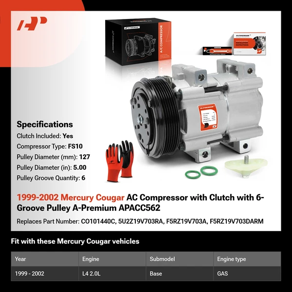 1999-2002 Mercury Cougar AC Compressor with Clutch with 6-Groove Pulley A-Premium APACC562