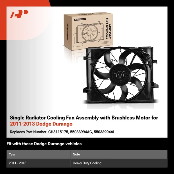 Single Radiator Cooling Fan Assembly with Brushless Motor for 2011-2013 Dodge Durango