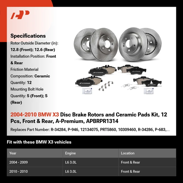 2004-2010 BMW X3 Disc Brake Rotors and Ceramic Pads Kit, 12 Pcs, Front & Rear, A-Premium, APBRPR1314