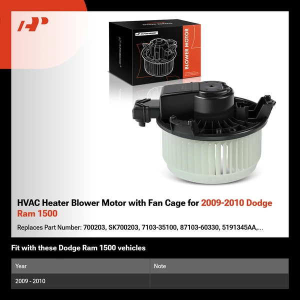 HVAC Heater Blower Motor with Fan Cage for 2009-2010 Dodge Ram 1500
