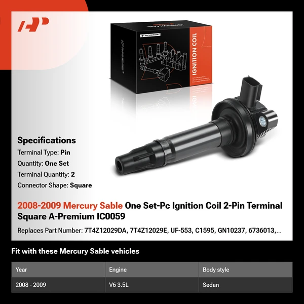 2008-2009 Mercury Sable One Set-Pc Ignition Coil 2-Pin Terminal Square A-Premium IC0059