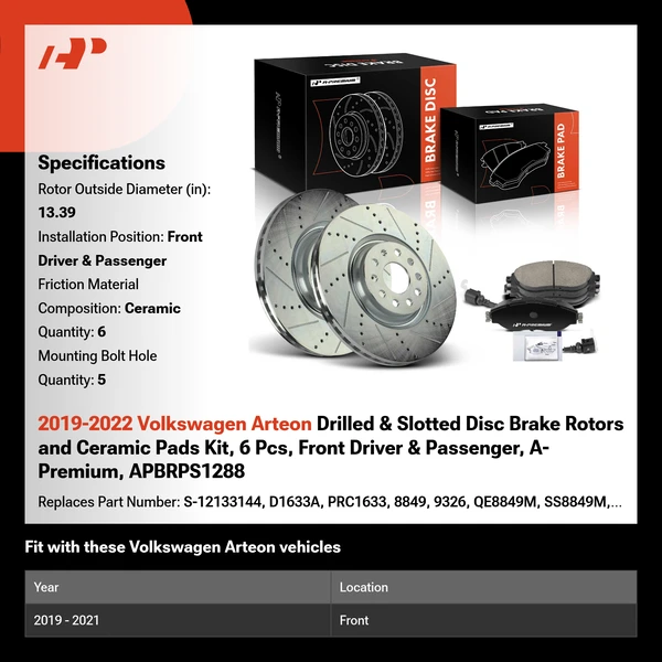 2019-2022 Volkswagen Arteon Drilled & Slotted Disc Brake Rotors and Ceramic Pads Kit, 6 Pcs, Front Driver & Passenger, A-Premium, APBRPS1288