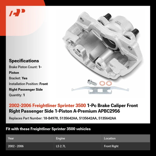 2002-2006 Freightliner Sprinter 3500 1-Pc Brake Caliper Front Right Passenger Side 1-Piston A-Premium APBC2956