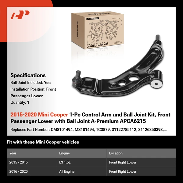 2015-2020 Mini Cooper 1-Pc Control Arm and Ball Joint Kit, Front Passenger Lower with Ball Joint A-Premium APCA6215
