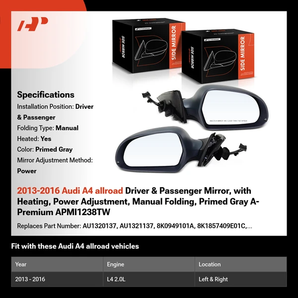 2013-2016 Audi A4 allroad Driver & Passenger Mirror, with Heating, Power Adjustment, Manual Folding, Primed Gray A-Premium APMI1238TW
