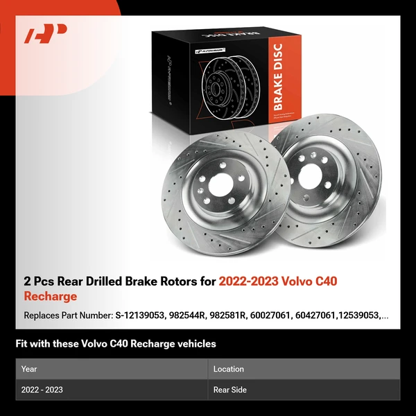 2 Pcs Rear Drilled Brake Rotors for 2022-2023 Volvo C40 Recharge