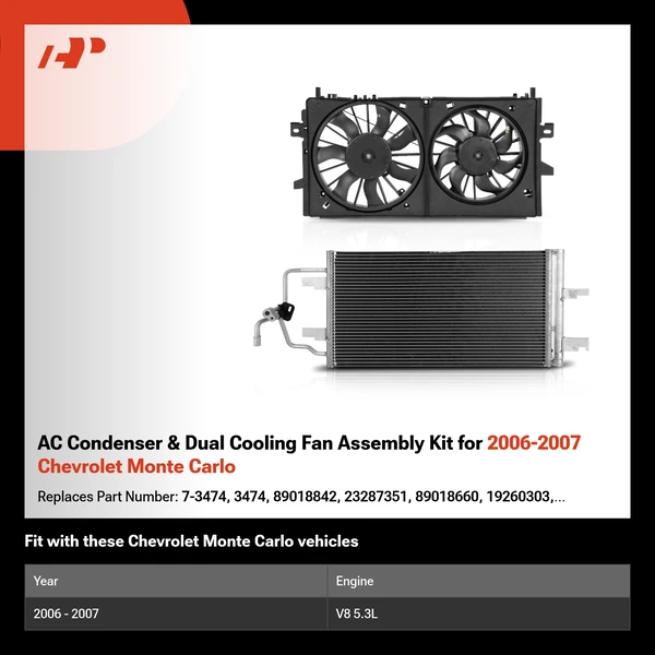 AC Condenser & Dual Cooling Fan Assembly Kit for 2006-2007 Chevrolet Monte Carlo