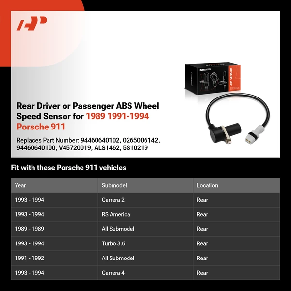Rear Driver or Passenger ABS Wheel Speed Sensor for 1989 1991-1994 Porsche 911
