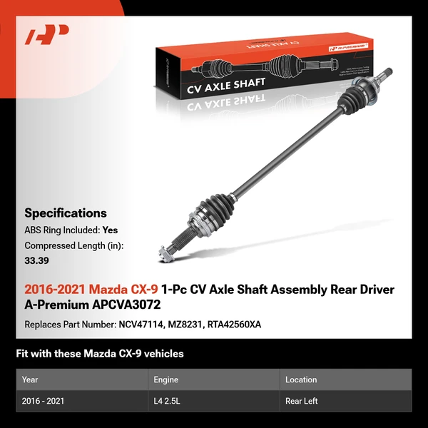 2016-2021 Mazda CX-9 1-Pc CV Axle Shaft Assembly Rear Driver A-Premium APCVA3072