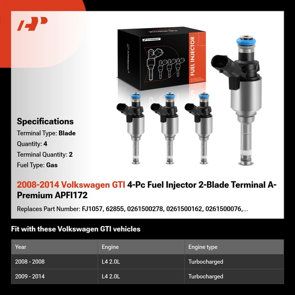 2008-2014 Volkswagen GTI 4-Pc Fuel Injector 2-Blade Terminal A-Premium APFI172