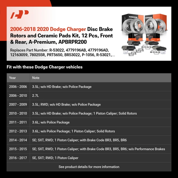 2006-2018 2020 Dodge Charger Disc Brake Rotors and Ceramic Pads Kit, 12 Pcs, Front & Rear, A-Premium, APBRPR200