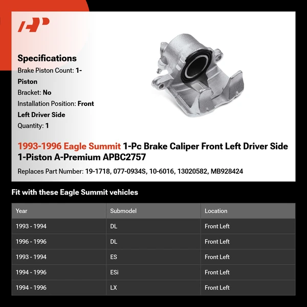 1993-1996 Eagle Summit 1-Pc Brake Caliper Front Left Driver Side 1-Piston A-Premium APBC2757