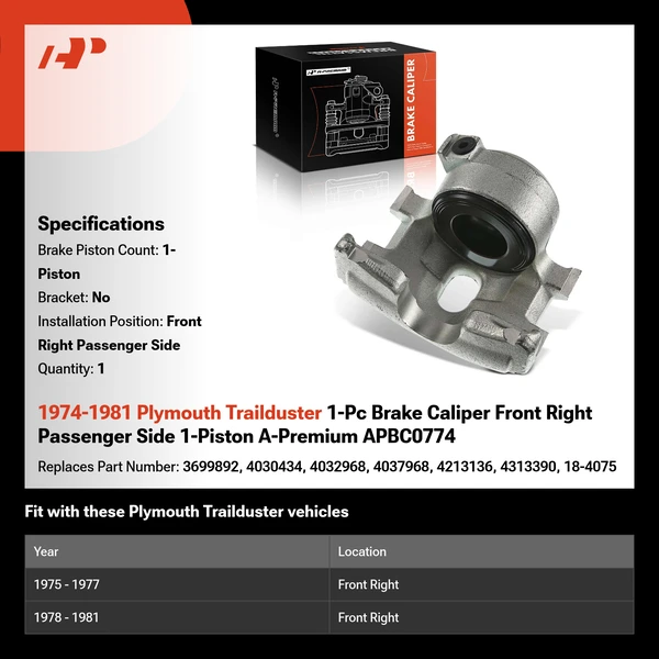 1974-1981 Plymouth Trailduster 1-Pc Brake Caliper Front Right Passenger Side 1-Piston A-Premium APBC0774