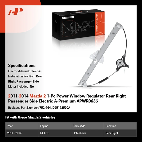 2011-2014 Mazda 2 1-Pc Power Window Regulator Rear Right Passenger Side Electric A-Premium APWR0636