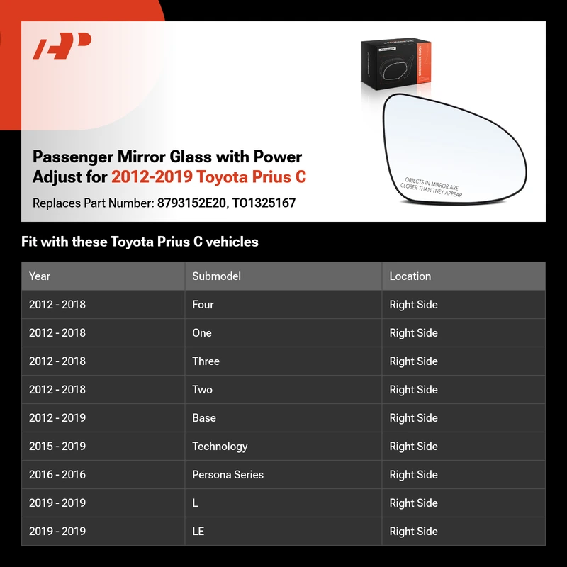 Passenger Mirror Glass with Power Adjust for 2012-2019 Toyota Prius C