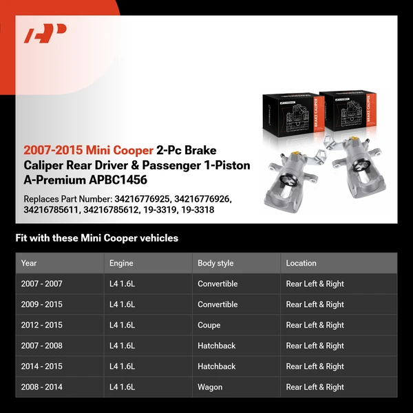 2007-2015 Mini Cooper 2-Pc Brake Caliper Rear Driver & Passenger 1-Piston A-Premium APBC1456