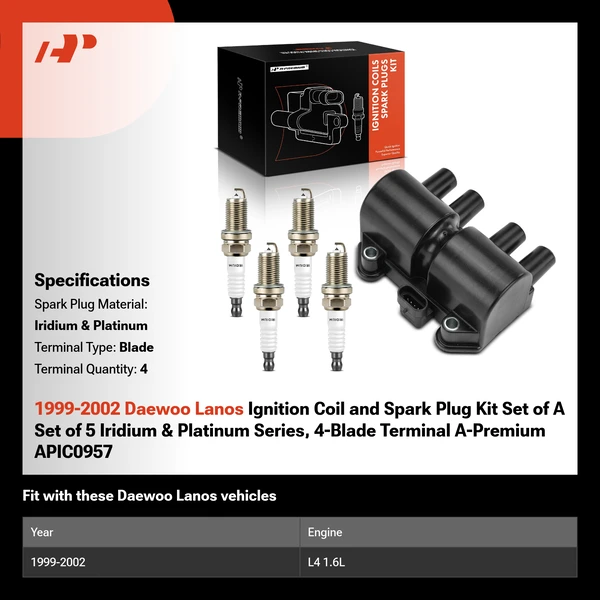 1999-2002 Daewoo Lanos Ignition Coil and Spark Plug Kit Set of A Set of 5 Iridium & Platinum Series, 4-Blade Terminal A-Premium APIC0957