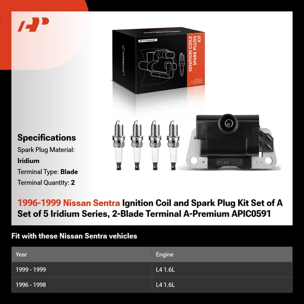1996-1999 Nissan Sentra Ignition Coil and Spark Plug Kit Set of A Set of 5 Iridium Series, 2-Blade Terminal A-Premium APIC0591