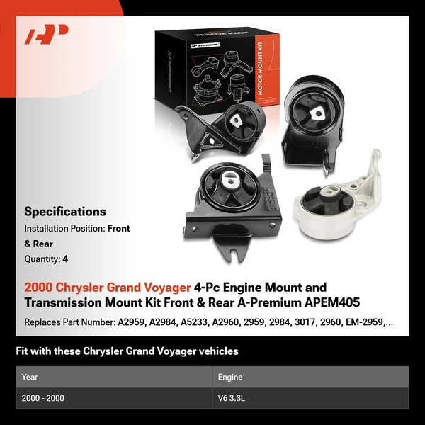 2000 Chrysler Grand Voyager 4-Pc Engine Mount and Transmission Mount Kit Front & Rear A-Premium APEM405