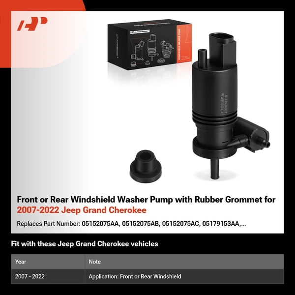 Front or Rear Windshield Washer Pump with Rubber Grommet for 2007-2022 Jeep Grand Cherokee