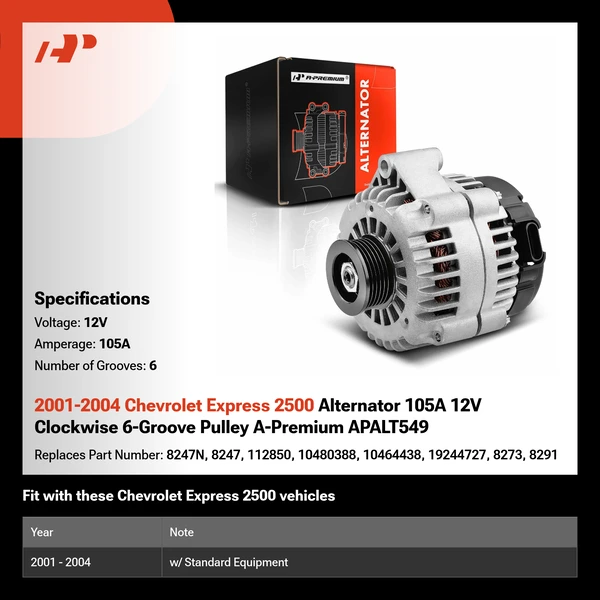 2001-2004 Chevrolet Express 2500 Alternator 105A 12V Clockwise 6-Groove Pulley A-Premium APALT549