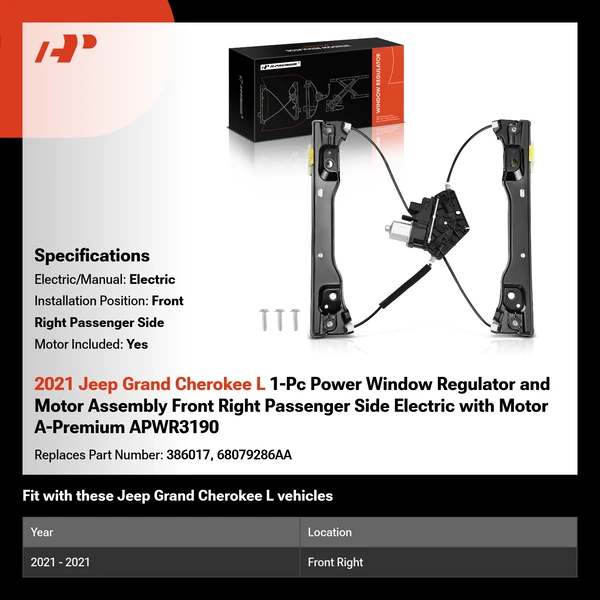2021 Jeep Grand Cherokee L 1-Pc Power Window Regulator and Motor Assembly Front Right Passenger Side Electric with Motor A-Premium APWR3190