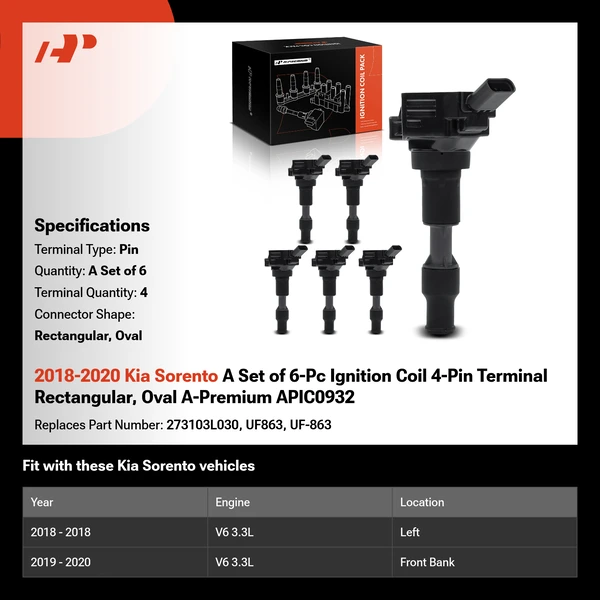 2018-2020 Kia Sorento A Set of 6-Pc Ignition Coil 4-Pin Terminal Rectangular, Oval A-Premium APIC0932