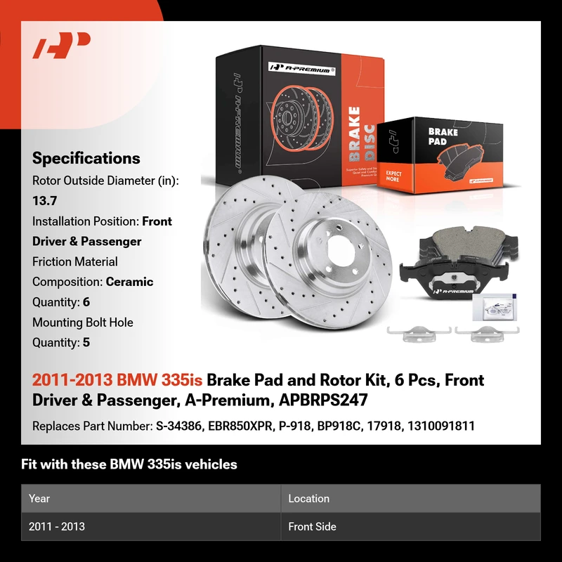 2011-2013 BMW 335is Brake Pad and Rotor Kit, 6 Pcs, Front Driver & Passenger, A-Premium, APBRPS247