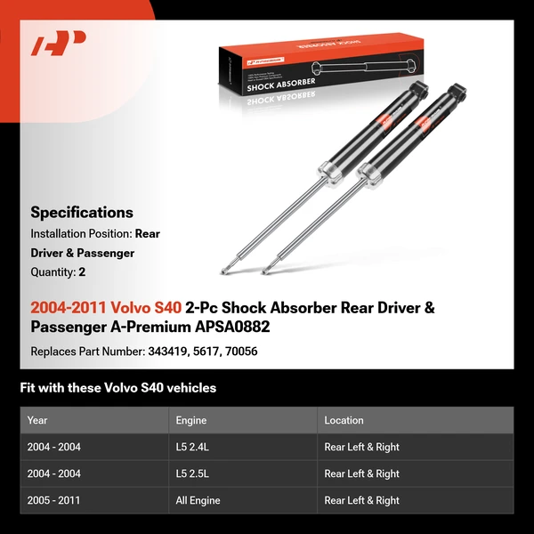 2004-2011 Volvo S40 2-Pc Shock Absorber Rear Driver & Passenger A-Premium APSA0882