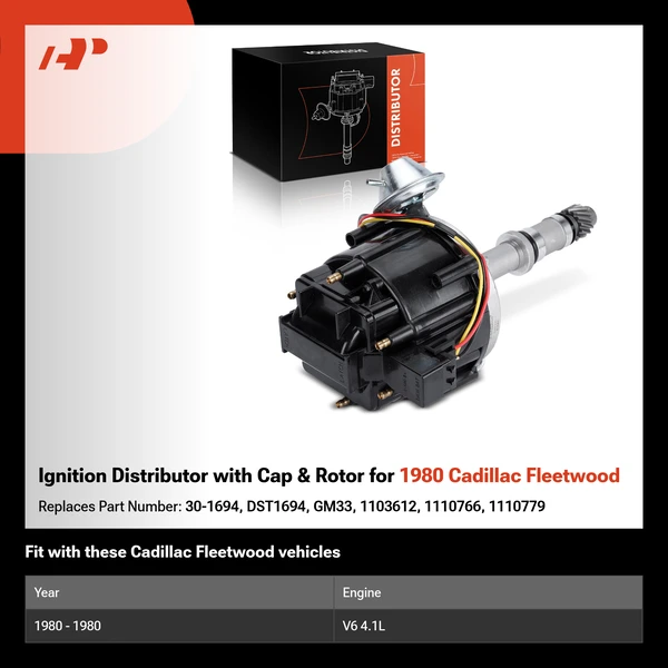 Ignition Distributor with Cap & Rotor for 1980 Cadillac Fleetwood