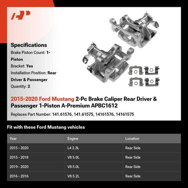 2015-2020 Ford Mustang 2-Pc Brake Caliper Rear Driver & Passenger 1-Piston A-Premium APBC1612