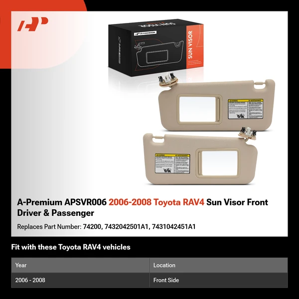 A-Premium APSVR006 2006-2008 Toyota RAV4 Sun Visor Front Driver & Passenger
