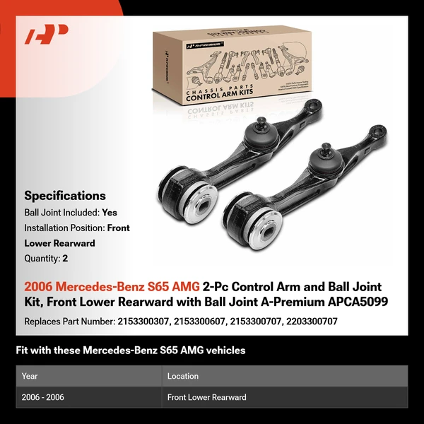 2006 Mercedes-Benz S65 AMG 2-Pc Control Arm and Ball Joint Kit, Front Lower Rearward with Ball Joint A-Premium APCA5099