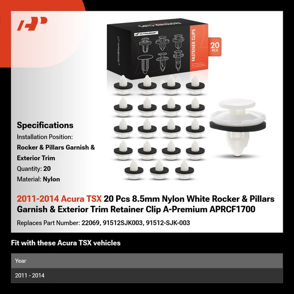 2011-2014 Acura TSX 20 Pcs 8.5mm Nylon White Rocker & Pillars Garnish & Exterior Trim Retainer Clip A-Premium APRCF1700
