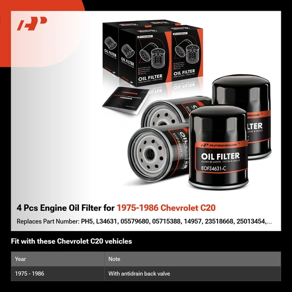 4 Pcs Engine Oil Filter for 1975-1986 Chevrolet C20