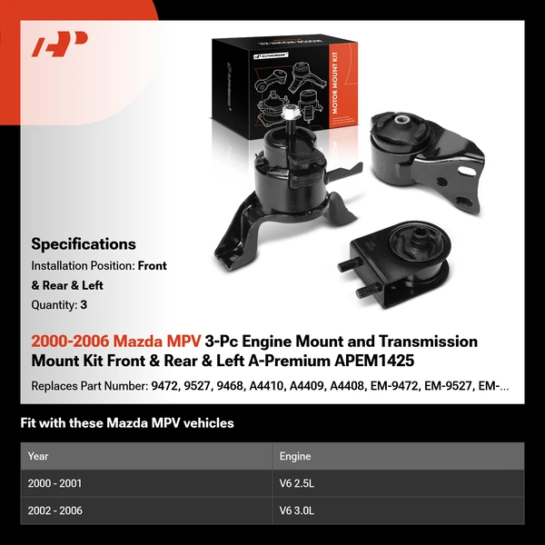 2000-2006 Mazda MPV 3-Pc Engine Mount and Transmission Mount Kit Front & Rear & Left A-Premium APEM1425