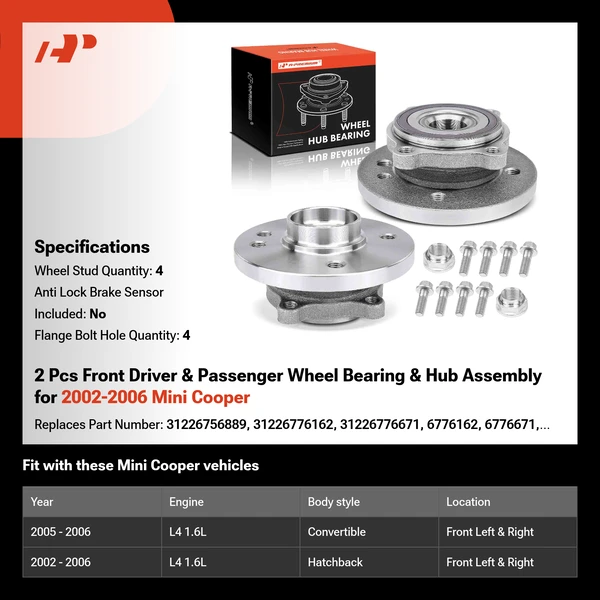 2 Pcs Front Driver & Passenger Wheel Bearing & Hub Assembly for 2002-2006 Mini Cooper