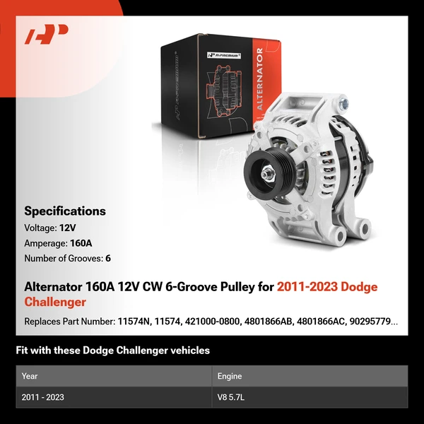 Alternator 160A 12V CW 6-Groove Pulley for 2011-2023 Dodge Challenger