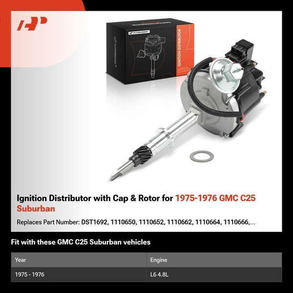 Ignition Distributor with Cap & Rotor for 1975-1976 GMC C25 Suburban