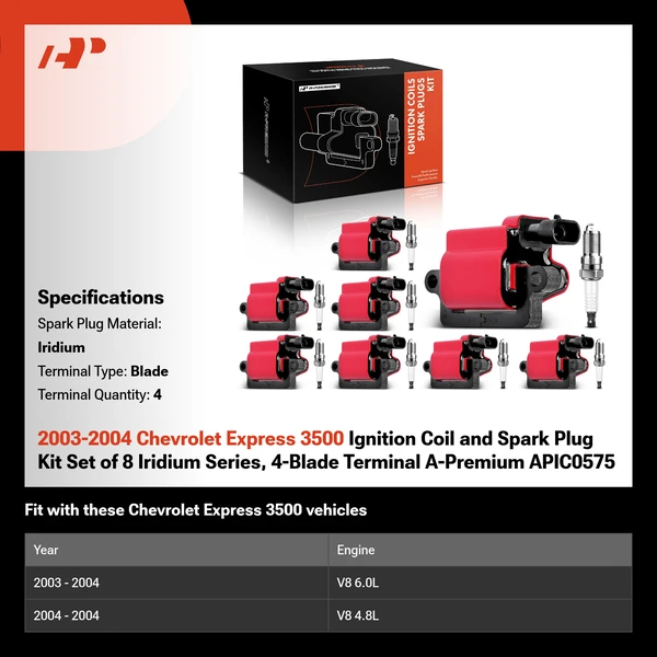 2003-2004 Chevrolet Express 3500 Ignition Coil and Spark Plug Kit Set of 8 Iridium Series, 4-Blade Terminal A-Premium APIC0575