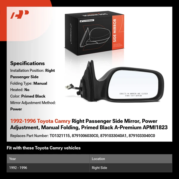 1992-1996 Toyota Camry Right Passenger Side Mirror, Power Adjustment, Manual Folding, Primed Black A-Premium APMI1823