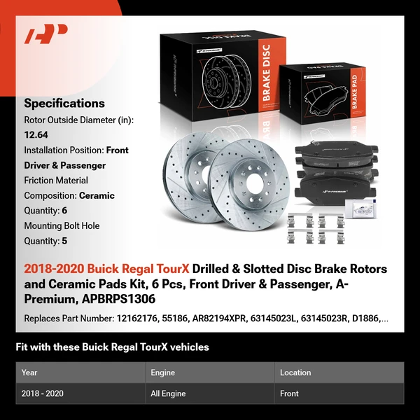 2018-2020 Buick Regal TourX Drilled & Slotted Disc Brake Rotors and Ceramic Pads Kit, 6 Pcs, Front Driver & Passenger, A-Premium, APBRPS1306
