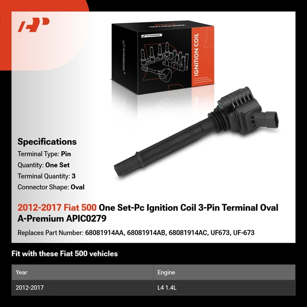 2012-2017 Fiat 500 One Set-Pc Ignition Coil 3-Pin Terminal Oval A-Premium APIC0279