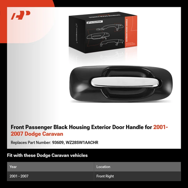 Front Passenger Black Housing Exterior Door Handle for 2001-2007 Dodge Caravan