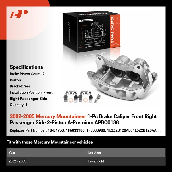 2002-2005 Mercury Mountaineer 1-Pc Brake Caliper Front Right Passenger Side 2-Piston A-Premium APBC0188