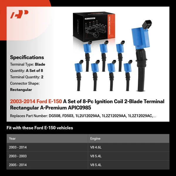 2003-2014 Ford E-150 A Set of 8-Pc Ignition Coil 2-Blade Terminal Rectangular A-Premium APIC0985