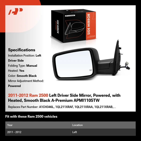 2011-2012 Ram 2500 Left Driver Side Mirror, Powered, with Heated, Smooth Black A-Premium APMI1105TW