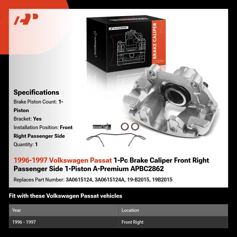 1996-1997 Volkswagen Passat 1-Pc Brake Caliper Front Right Passenger Side 1-Piston A-Premium APBC2862